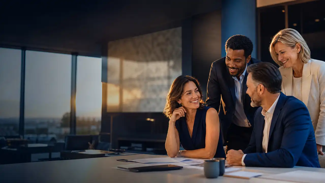 Real estate professionals exchanging ideas around a table