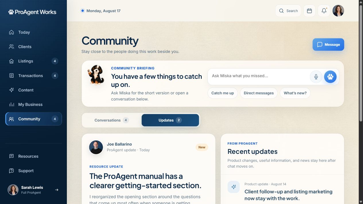 ProAgent Works Community chat with members sharing practical ideas