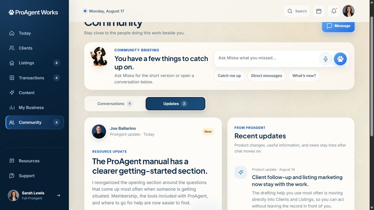 ProAgent Works Community posts with member questions, ideas, and wins