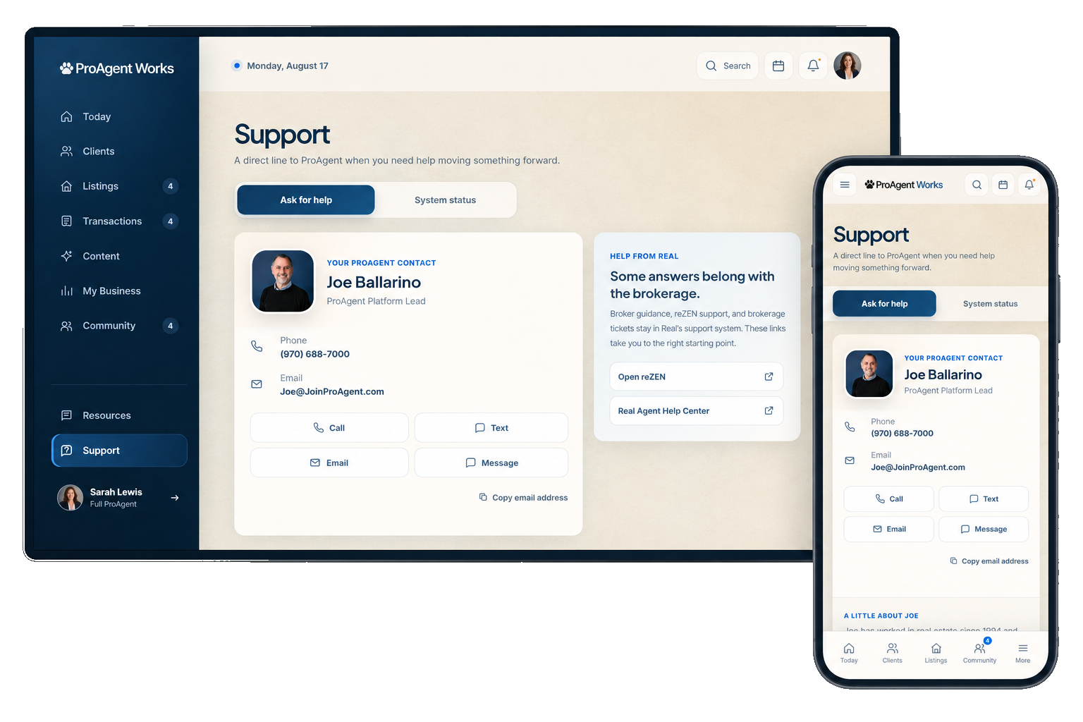 ProAgent Works Support shown together on desktop and phone, with Joe Ballarino’s contact options